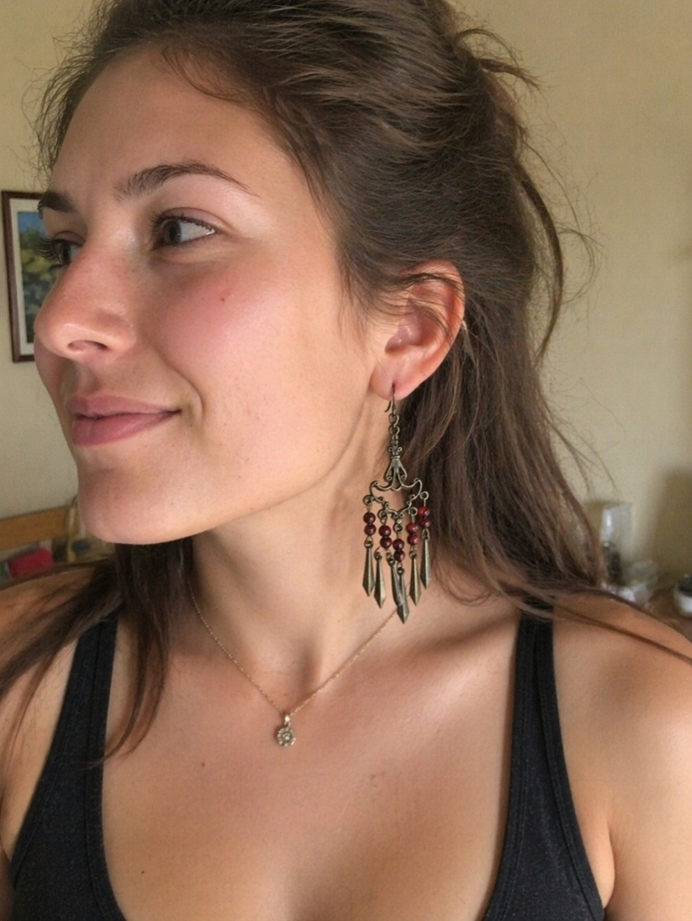 Vintage Boho Chandelier Earrings Red Beads Antique Gold Dangle NWOT